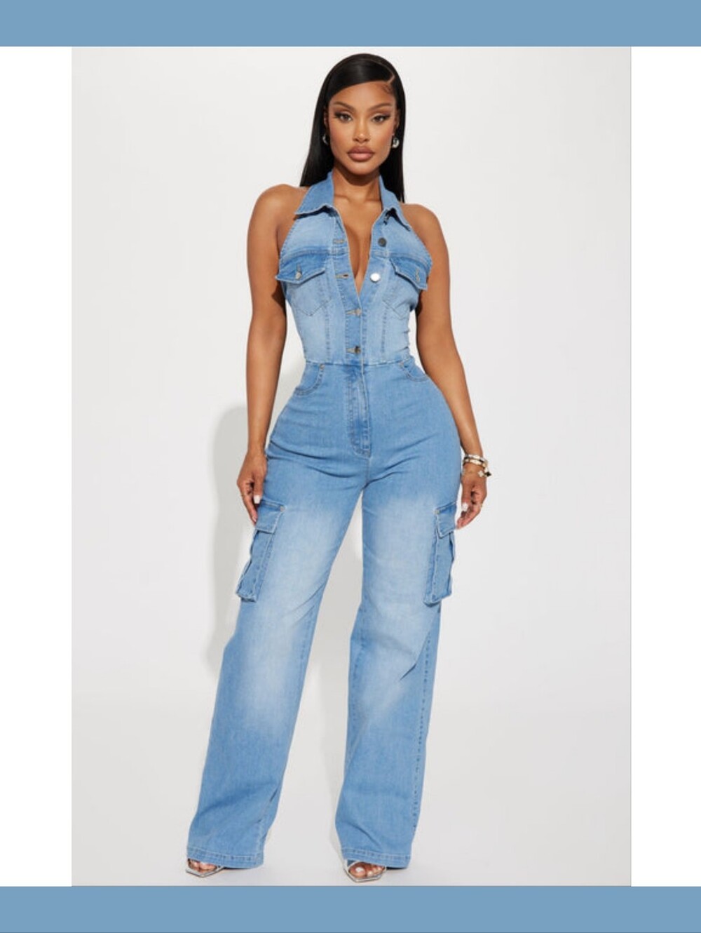 Fashion Nova Light Blue Denim Halter Jumpsuit